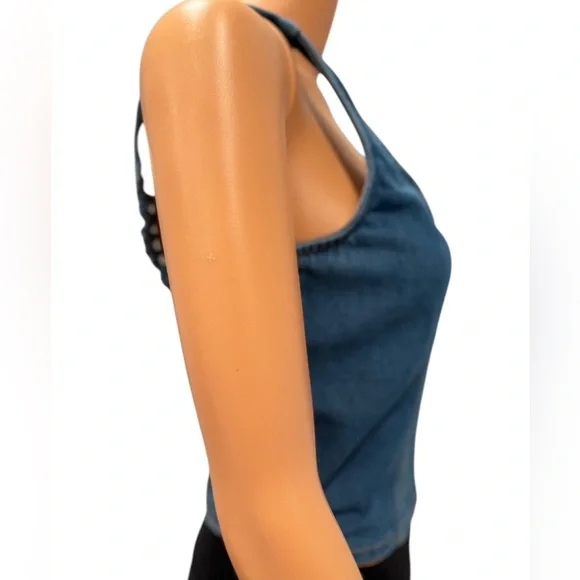 LONE STAR Bustier Corset Top Denim Blue Stretchy Lightly Distressed NWT Large - Picture 5 of 8